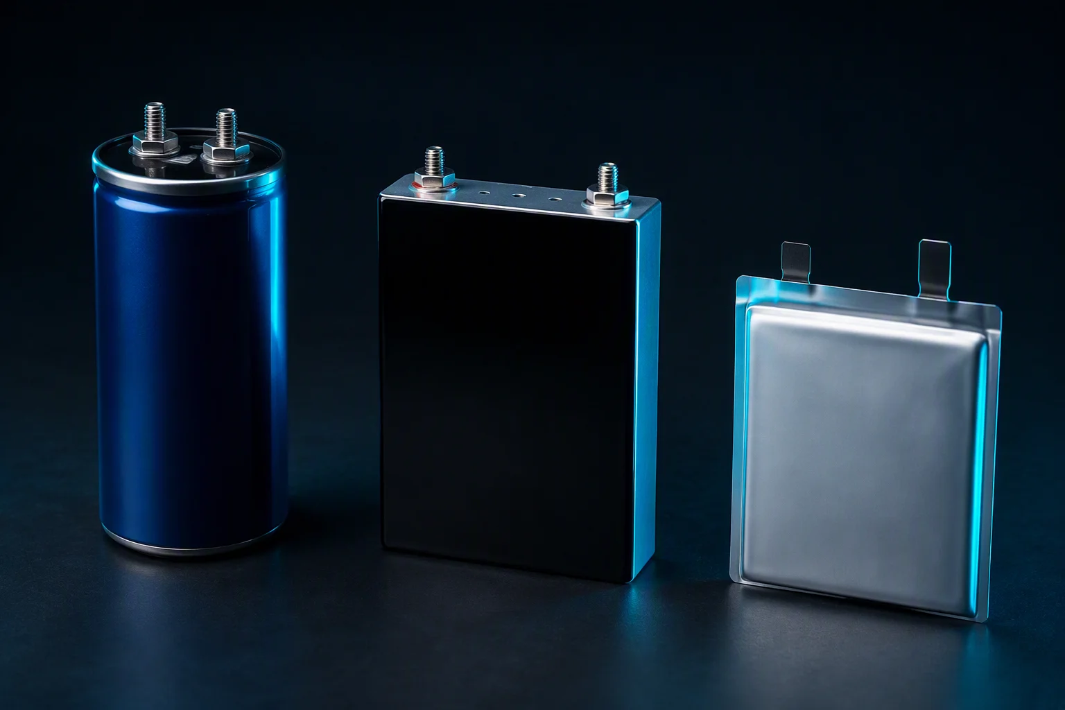 An EDLC cell, a hybrid capacitor cell and a lithium pouch cell side by side on a dark workbench