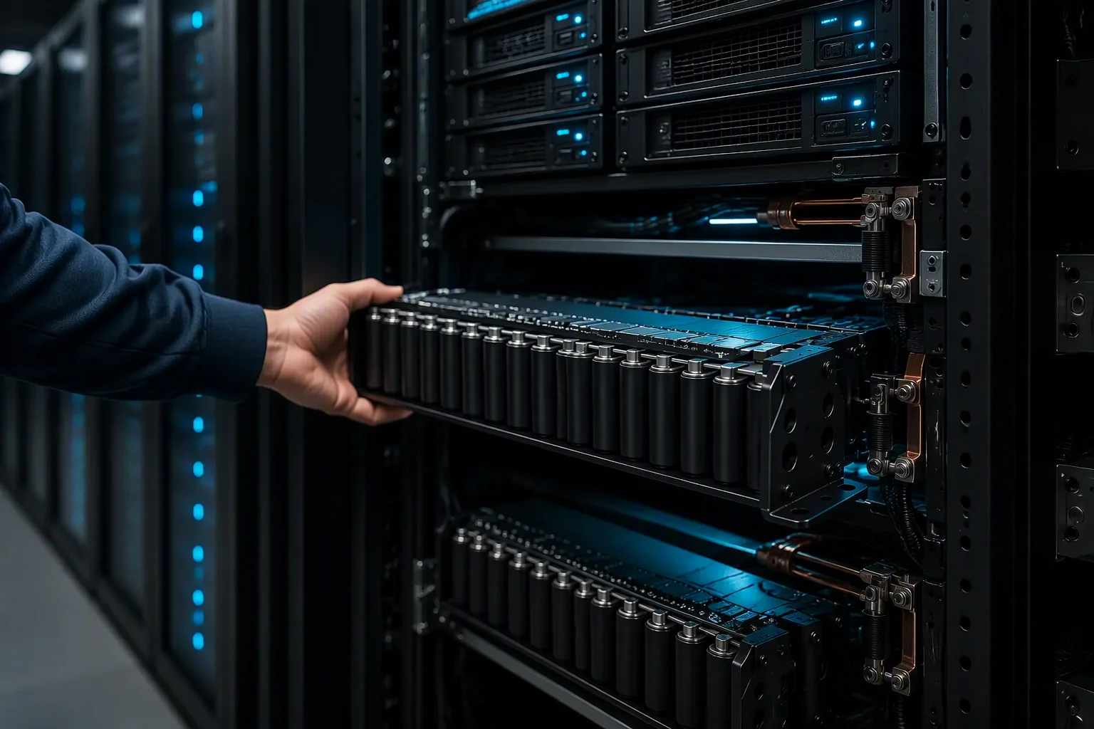 Technician sliding a supercapacitor module into an AI server rack power shelf