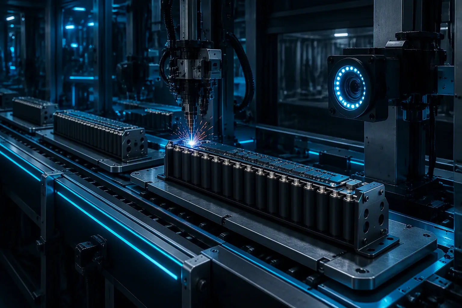 Supercapacitor module production line with a laser welding station mid-spark