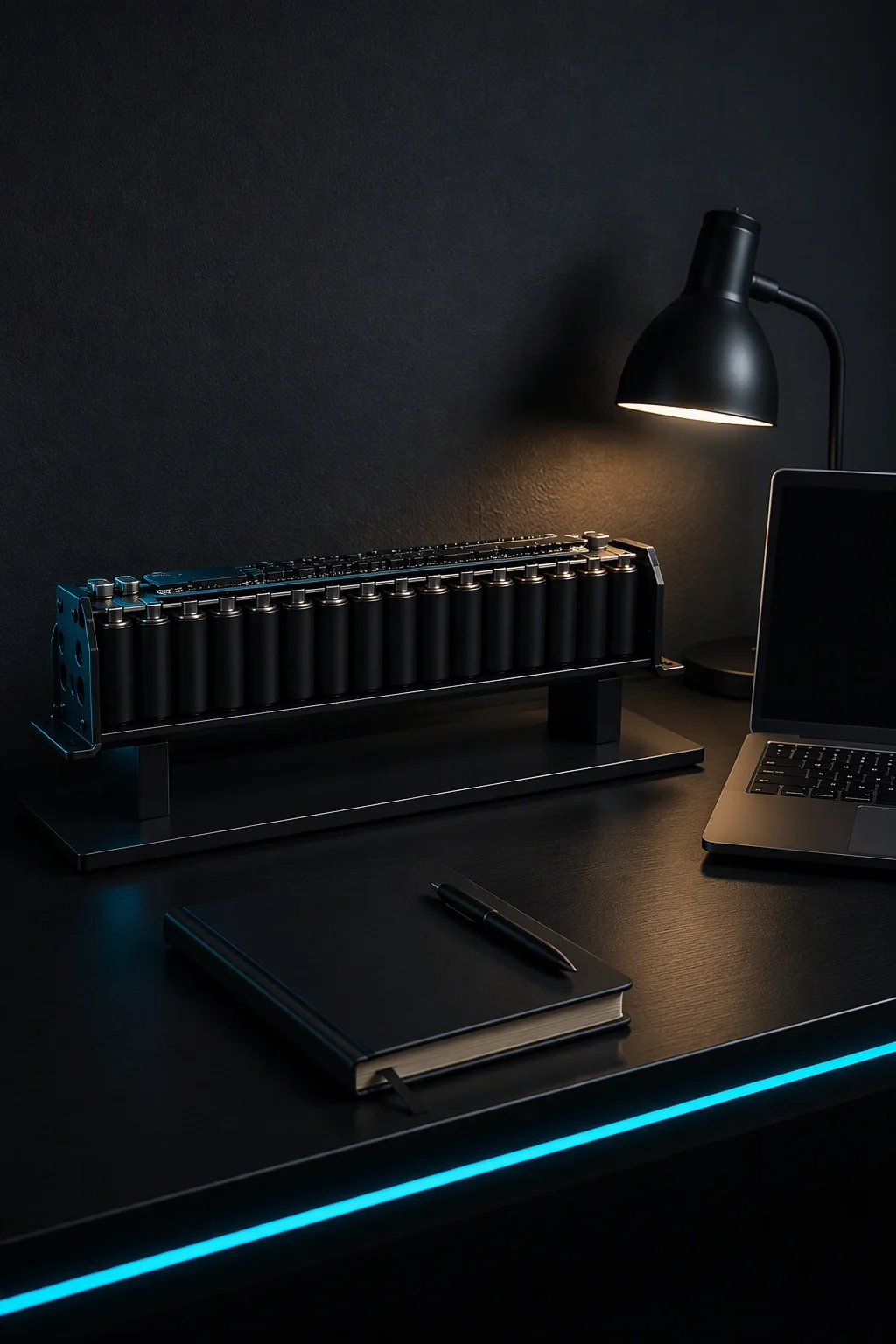 A supercapacitor module sample on a stand on a tidy dark inquiry desk