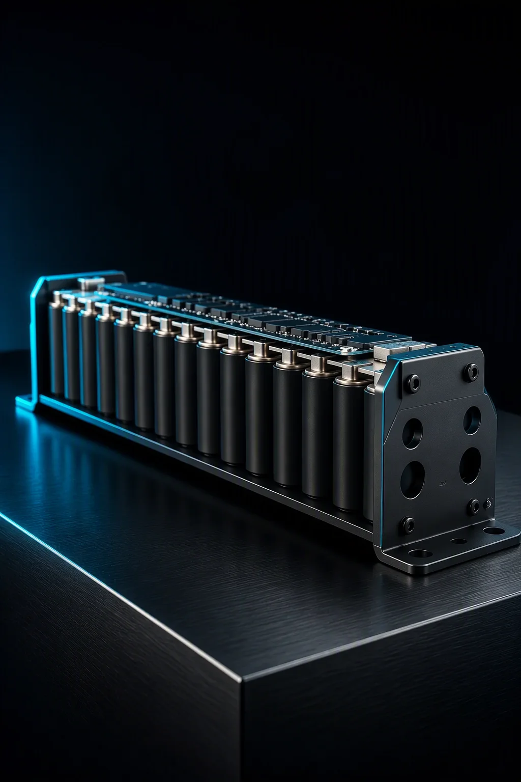 RackBridge 48V LIC supercapacitor module standing in a data center power shelf, cyan status light on