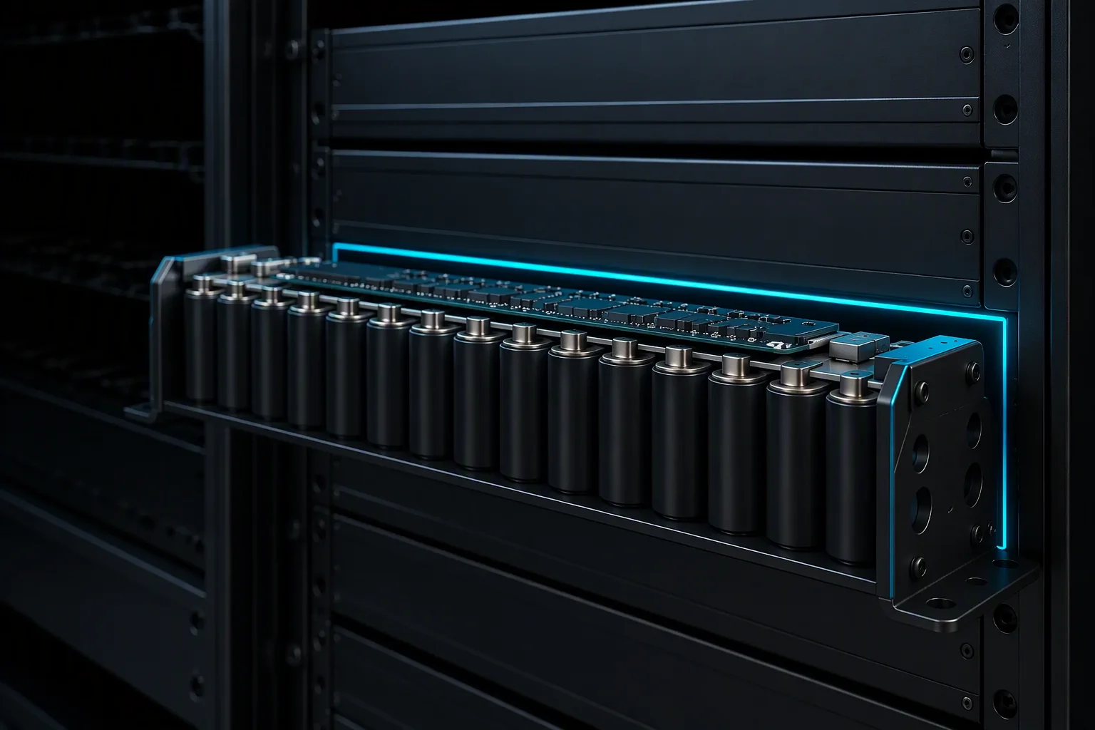 LIC supercapacitor module installed in an AI server rack power shelf beside the battery backup bay