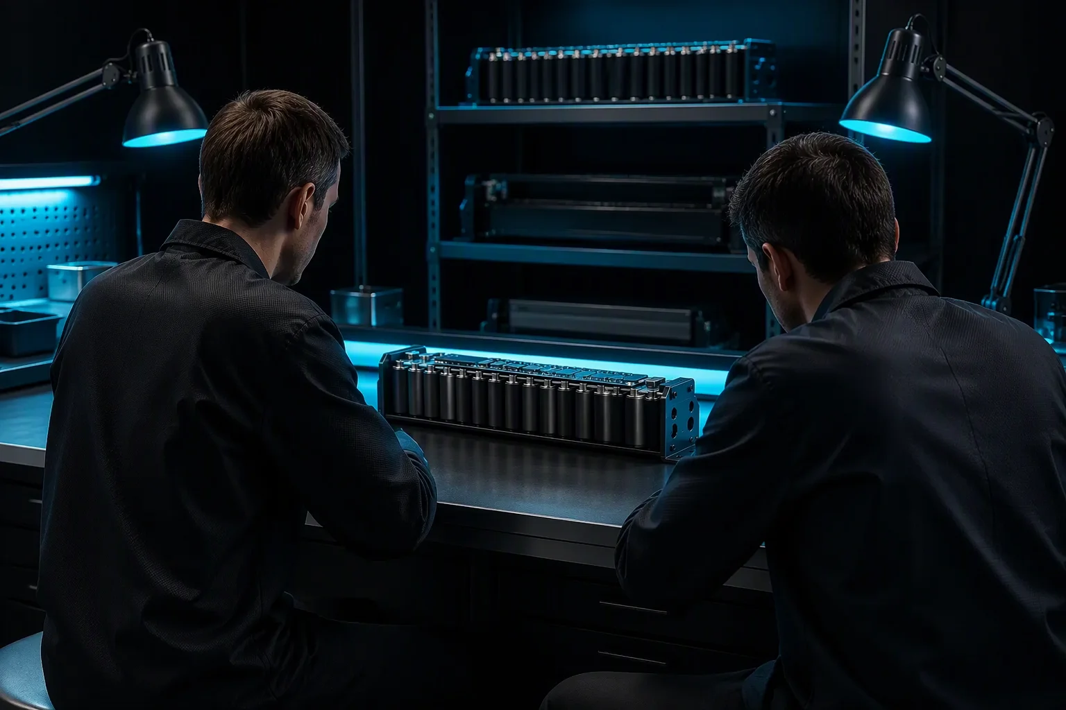 CapStack engineers reviewing module test data beside a sorting line cabinet