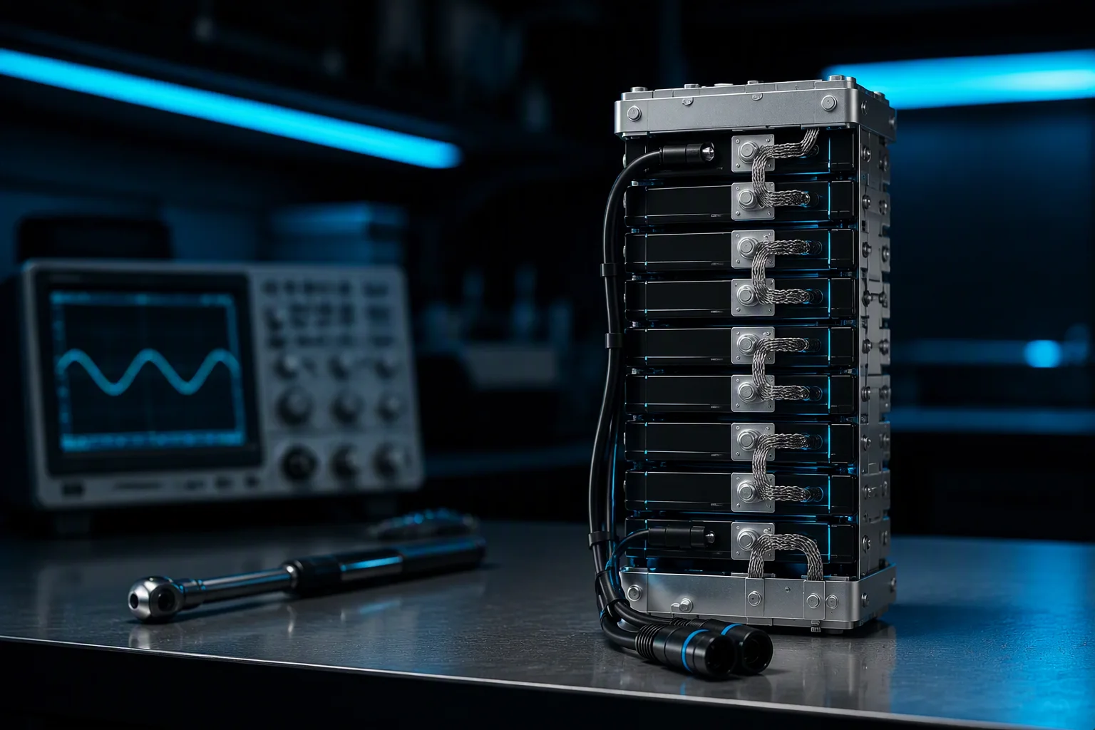 Custom cell-to-cell supercapacitor stack with braided busbar links on a bench