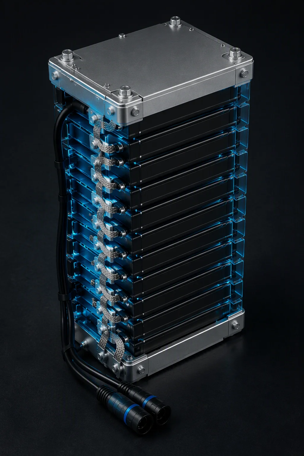 Open-frame custom supercapacitor stack with braided busbar links under cyan light