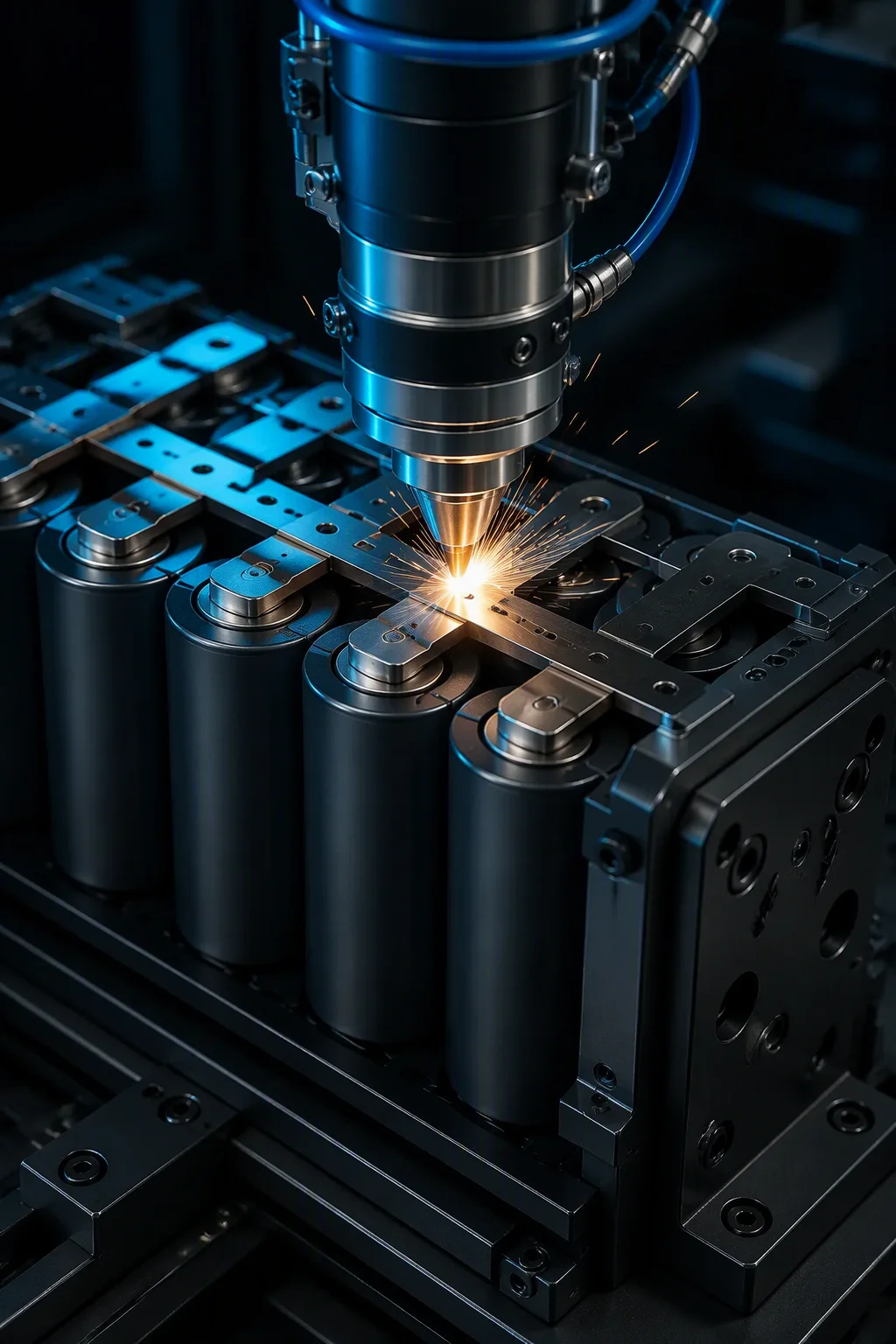 Laser welding station joining LIC cell terminals to a nickel busbar