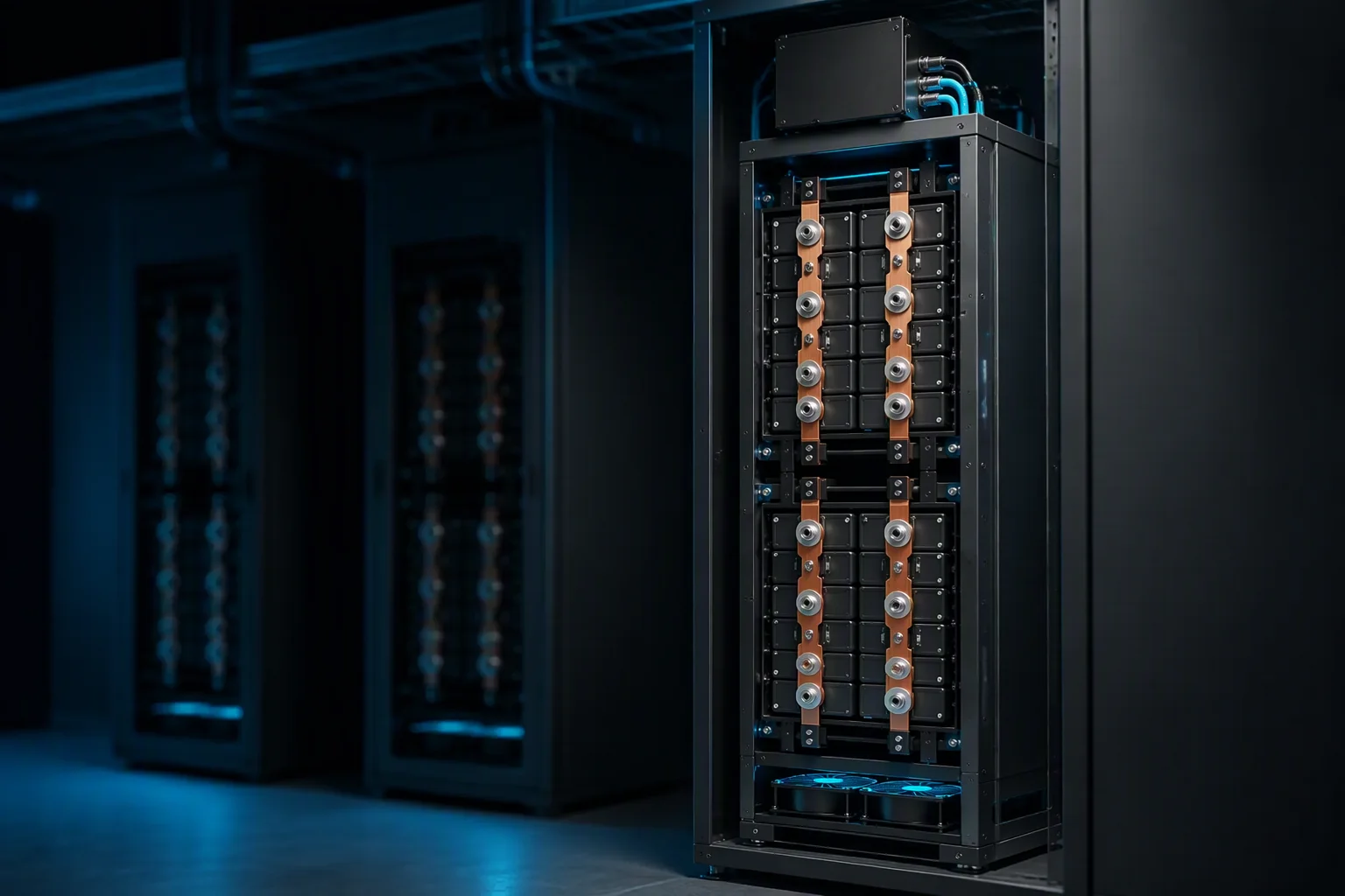 Cabinet array of StackLine HV modules wired in series with fused busbars