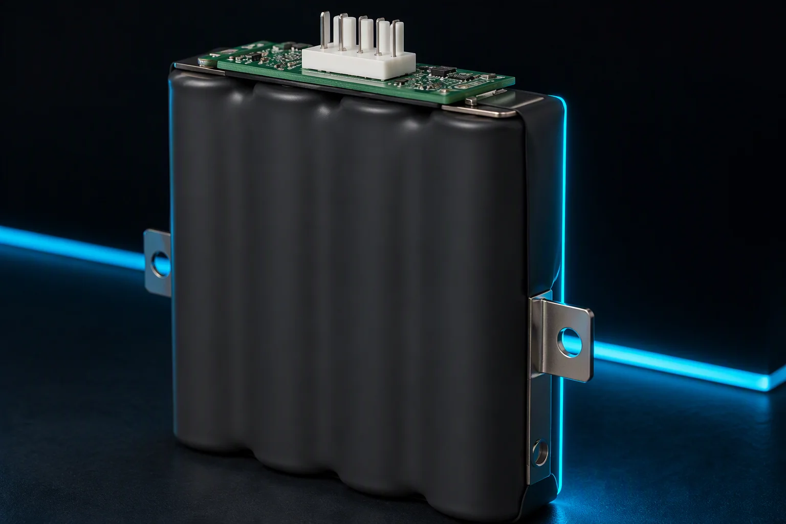Compact 16V supercapacitor pack beside a server power supply board