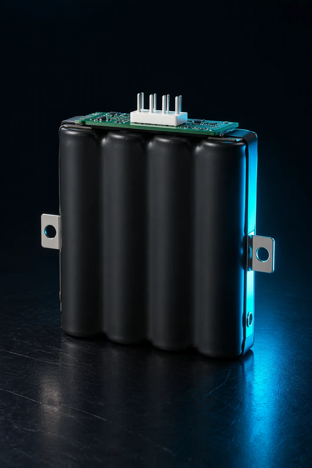 Slim 16V supercapacitor pack standing next to a server power supply unit