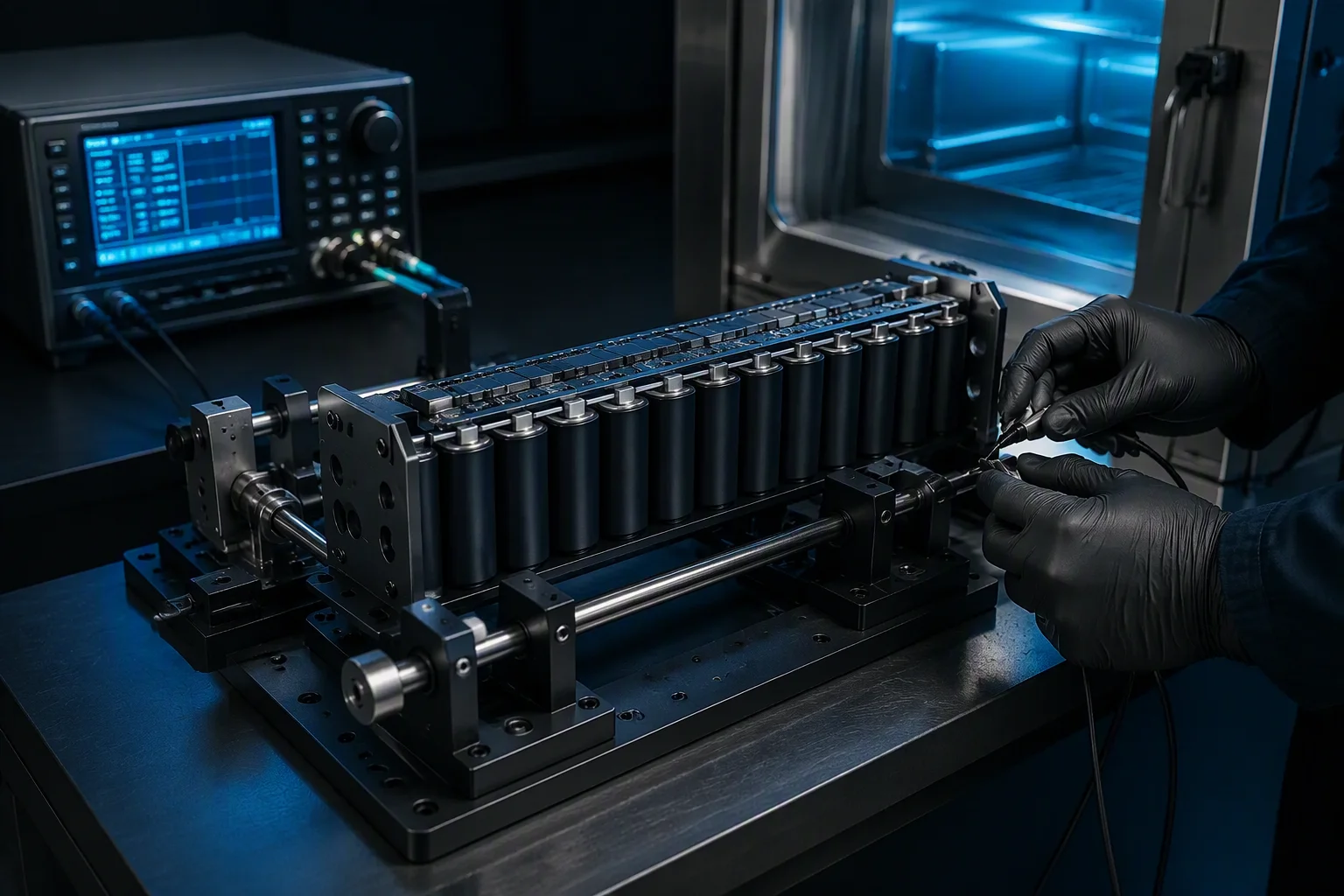 Test laboratory with temperature chambers and cell measurement benches