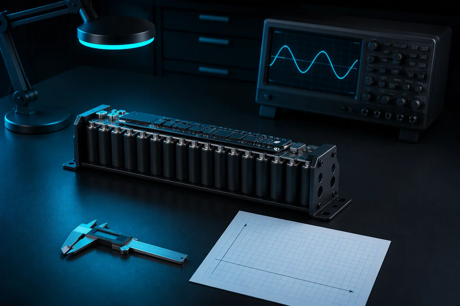 Engineering workbench with a supercapacitor module, calipers and an oscilloscope under cyan task lighting
