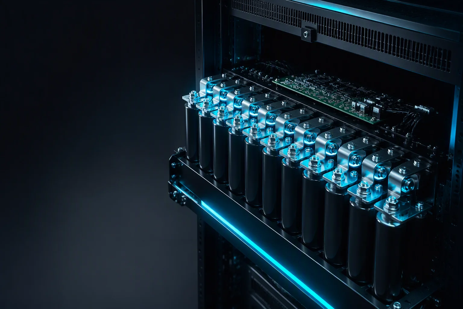 LIC supercapacitor module with nickel busbars seated in an AI server power shelf