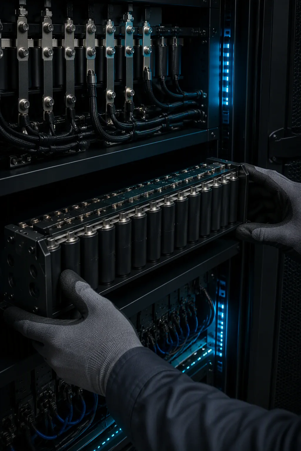 Cutaway view of an AI rack power tier with a 48V LIC supercapacitor module beside a battery backup unit