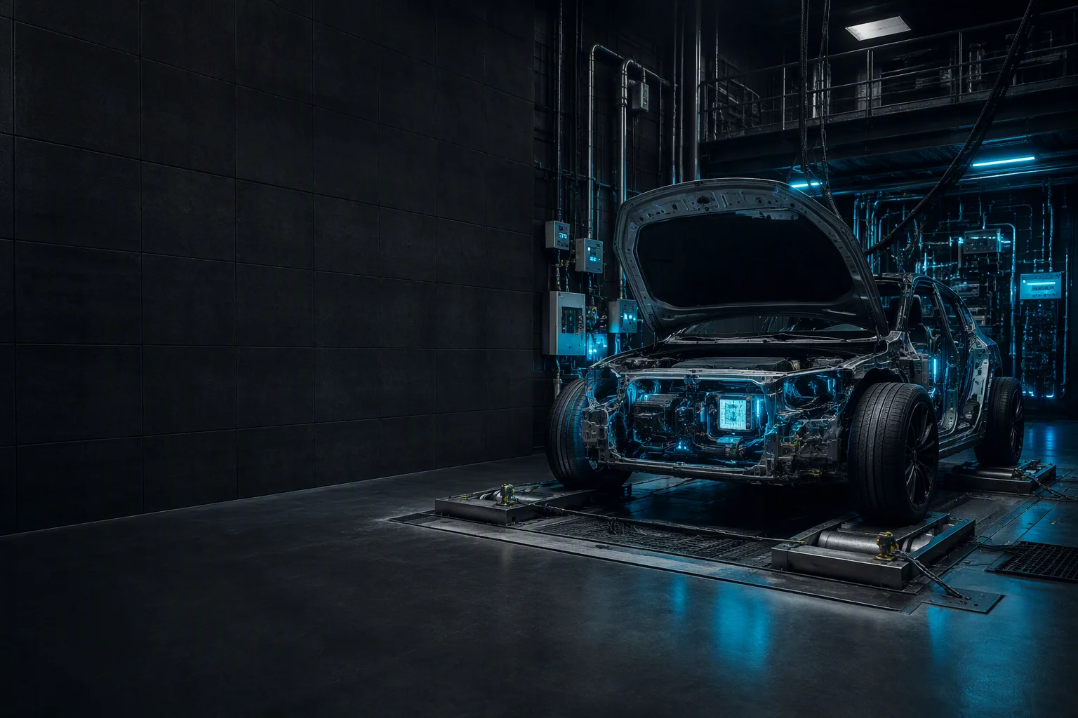 Vehicle chassis bay showing a 48V supercapacitor module mounted beside power distribution electronics