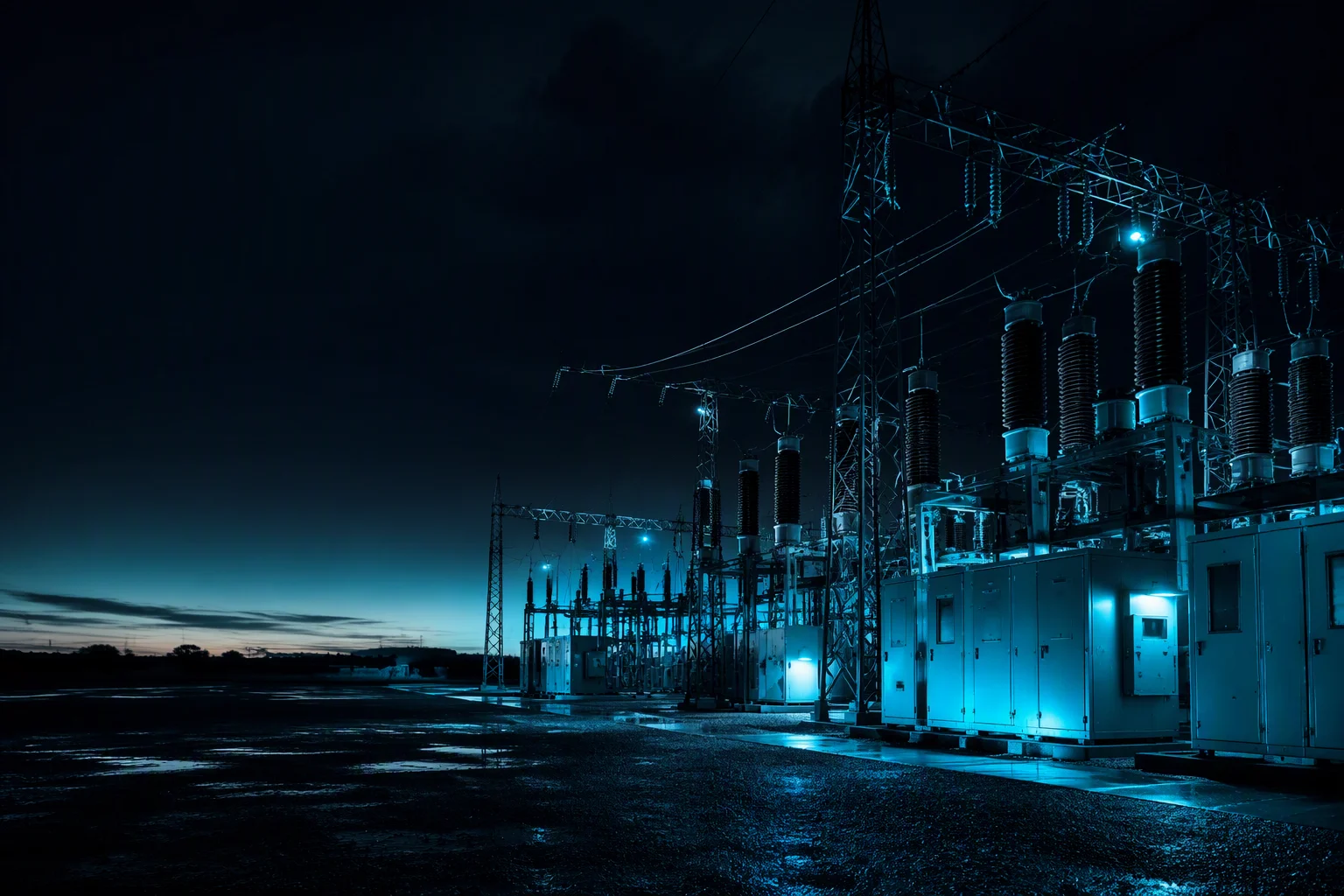 Substation switchyard at dusk with a supercapacitor energy storage cabinet in the foreground