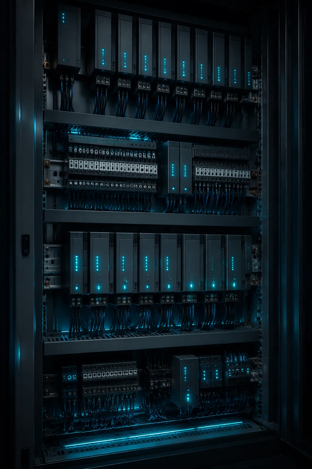 Supercapacitor ride-through cabinet wired beside an industrial control panel in a substation room