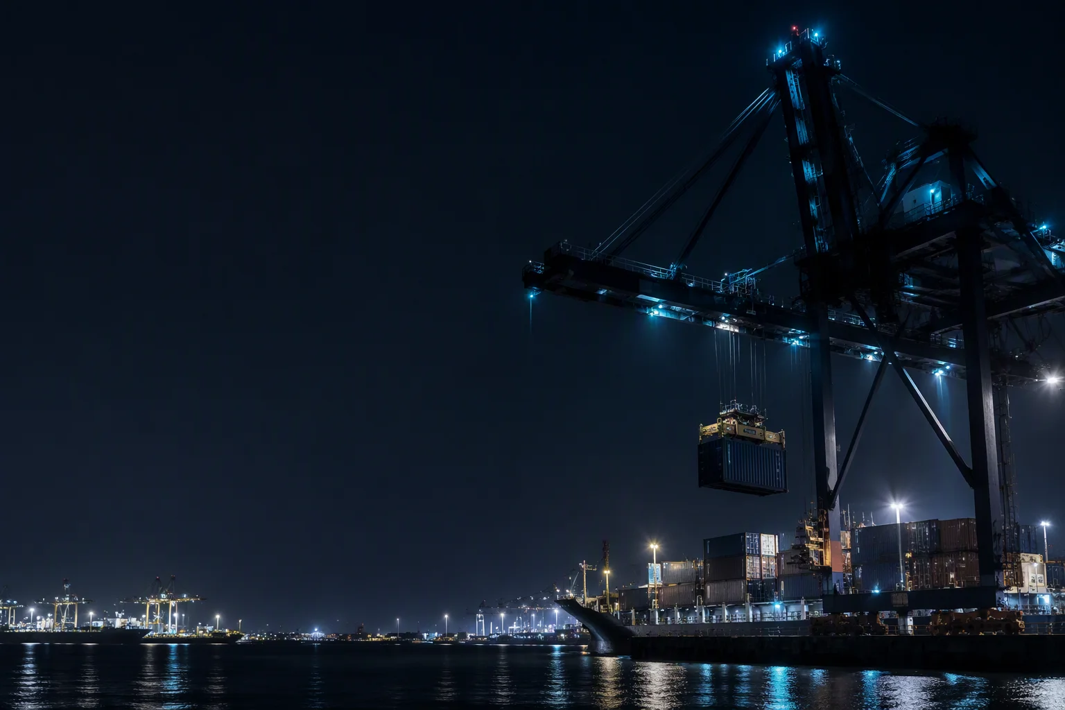 Container gantry crane lowering a box at a port terminal with an energy storage bay in the crane gantry