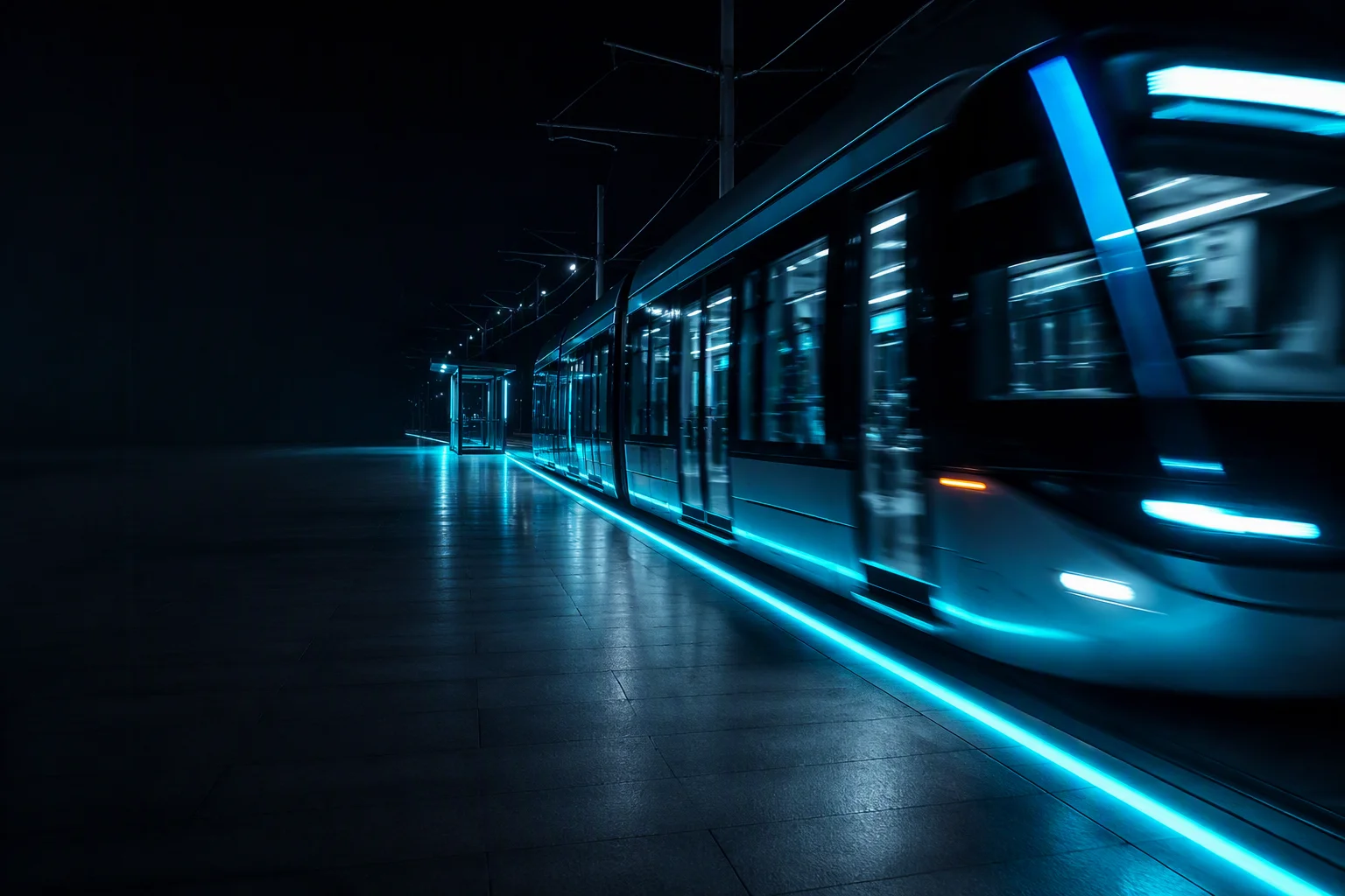 Metro tram slowing into a station platform with a trackside supercapacitor storage cabinet beside the rails