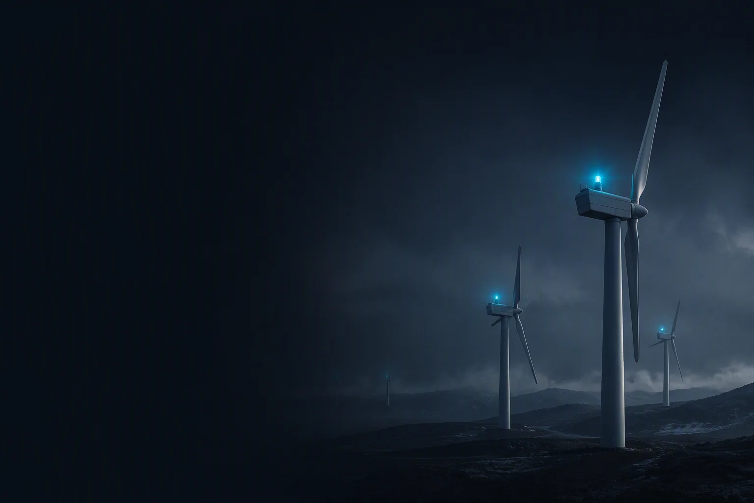 Cold-climate wind farm with rime ice on blades and a pitch cabinet service hatch open in the foreground