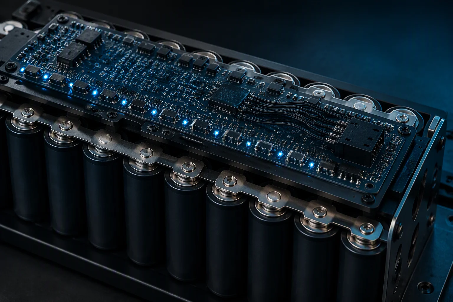 Forced-air LIC supercapacitor module showing 3 mm airflow channels between cells and the balancing circuit board