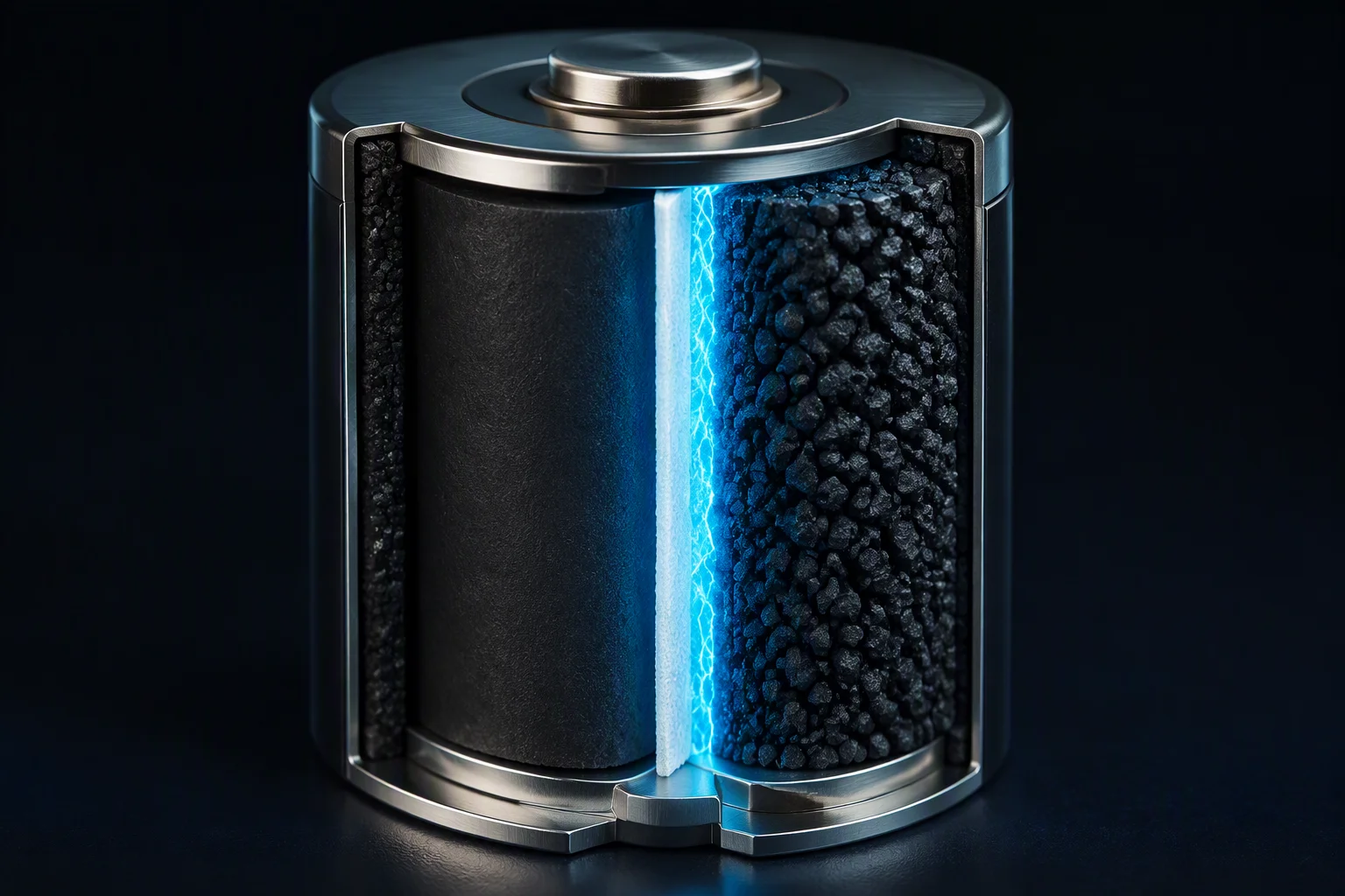 Cutaway technical diagram of a hybrid supercapacitor cell showing activated-carbon and prelithiated carbon electrodes separated by an ion-permeable separator