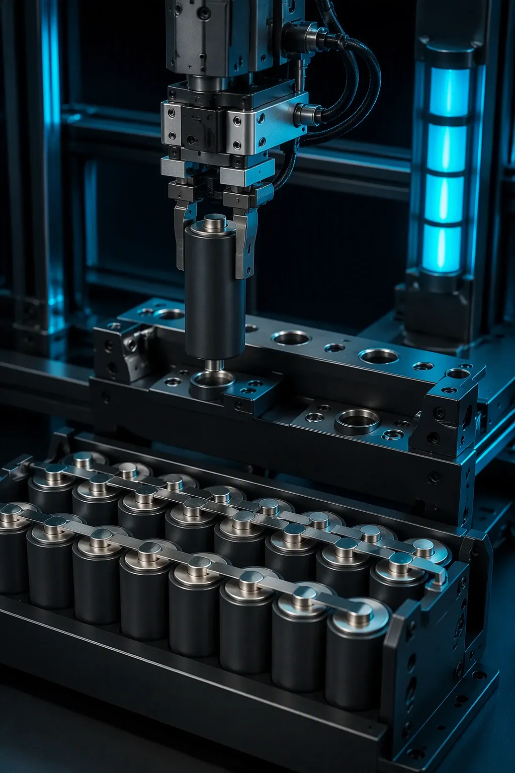 Automated capacity sorting cabinet charging and measuring rows of LIC supercapacitor cells in test fixtures
